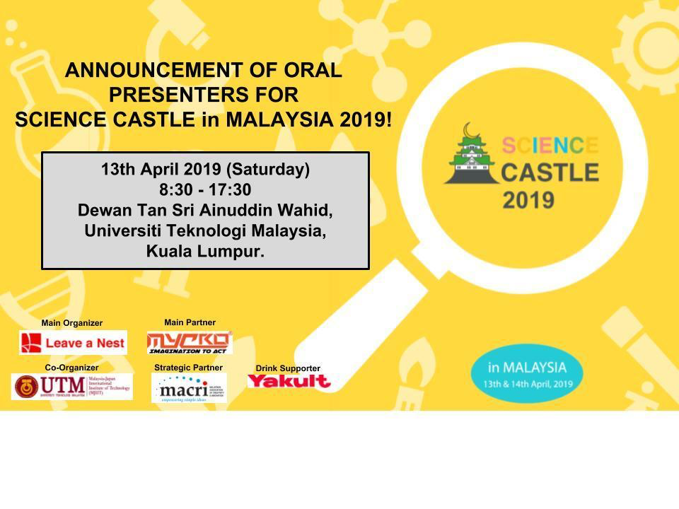 Announcement of oral presenters for SCIENCE CASTLE in Malaysia 2019