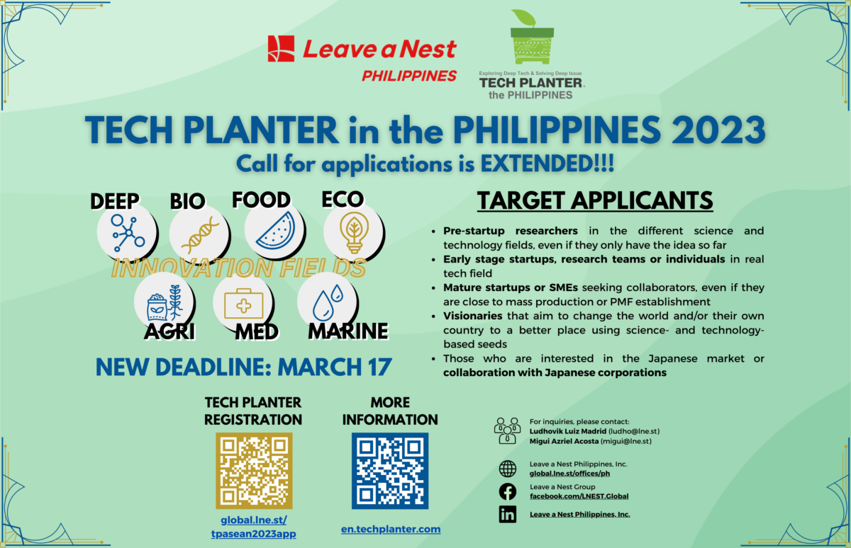 Call for applications of TECH PLANTER in the Philippines 2023 is extended!